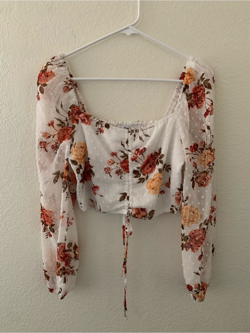 Rue21 White Floral Chiffon Swiss Dot Ruched Long Sleeve Crop Top Blouse S